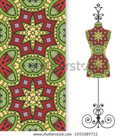 Fashion vector illustration, art collection. Vintage tailor's dummy for female body and colorful seamless pattern for textile fabric, paper print, invitation or business card design. Isolated elements