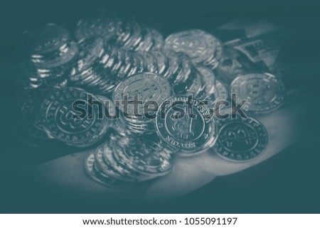 The classic old film design background of bitcoins put on the USA flag,in abstract art ,grainy film style,black and white ,blurry design background