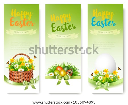 Three Easter Sale banners. Colorful eggs and spring flowers in green grass. Vector.