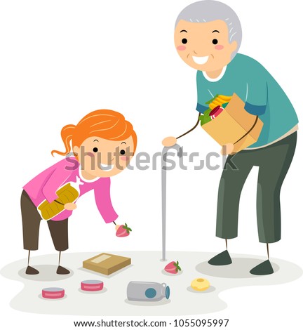 Illustration of a Stickman Kid Girl Helping a Senior Man Pick Up Fallen Grocery Items
