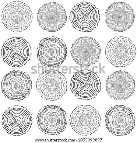 Tree rings. Seamless pattern. Set of tree rings on isolation background. Conceptual graphics. Line art. Objects for design. Decorative style. Texture for polygraphy, printing, posters and other