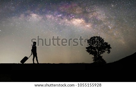 woman traveler standing and looking for the milky way and stars on the sky at night.silhouette style.this picture may have some noise.
