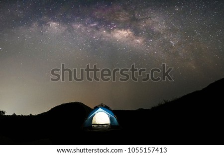 blue tent under the milky way and stars on the sky at night.silhouette style.this picture may have some noise.
