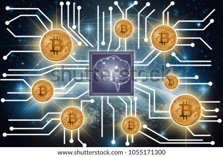 Bitcoins mockup over photo of FINTECH connection and Artificial intelligence of brain technology over Part of earth with network line on the star and Milky Way,Elements of this image furnished by NASA