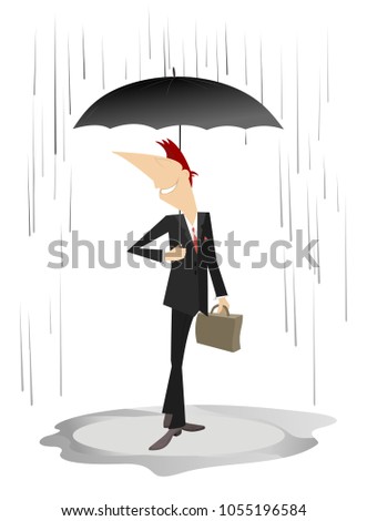 Smiling man or businessman with an umbrella and a bag stays under the rain isolated on white illustration vector