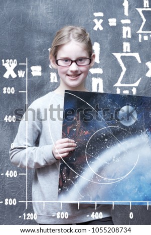 A girl with the picture and formulas from the universe. Science and education in subjects such as Maths, Physics, Chieme
