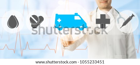 Emergency Service - Doctor points at ambulance and emergency medicine icon on medical background.