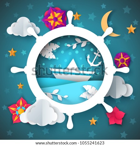 Ship illustration. Leaf, boat, flower, moon cloud star landscape Vector eps 10