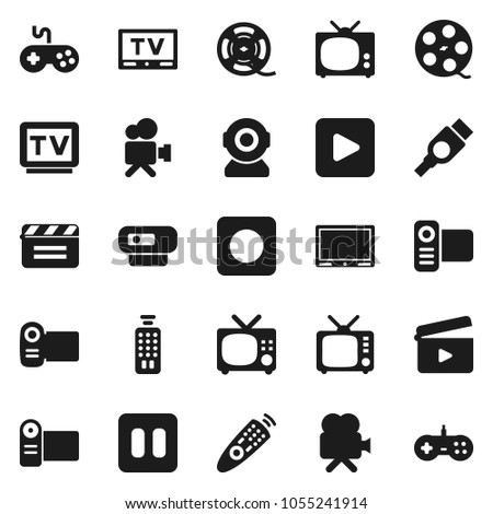 Flat vector icon set - cinema clap vector, film spool, tv, gamepad, video camera, remote control, play button, pause, rec, hdmi, web