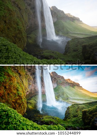 Perfect view of famous powerful Seljalandfoss waterfall. Location place Iceland, Europe. Unique place on earth. Images before and after. Original or retouch, example of photo editing. Beauty of earth.
