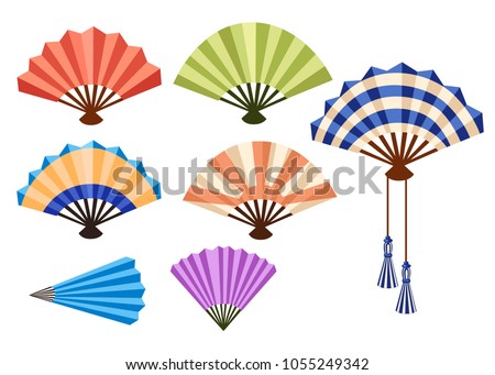 Set of wooden hand fan .Opened and close hand fan in cartoon style. Vector illustration isolated on white background. Web site page and mobile app design. Royalty-Free Stock Photo #1055249342