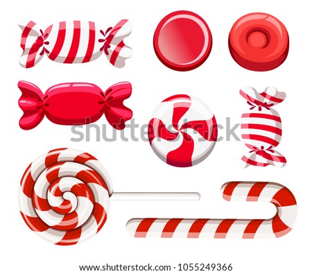 Set of red sweetmeats. Hard candy, candy cane, lollipop. Candys in wrapper. Vector illustration isolated on white background. Web site page and mobile app design. Royalty-Free Stock Photo #1055249366