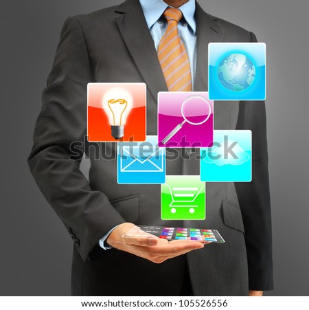 Business people holding glass phone with icon