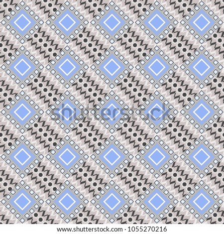 Vintage Abstract Ornament with Tiles and Rhombus in blue, white and gray Colors. Colorful Pattern for Wallpaper, Textile, Linen, Curtains. Vector Bright Zentangle. Orient seamless pattern.