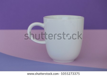 tableware mockup. Minimalist cup Mockup. white cup on a trend lilac pink graphic background. tableware mockup in trendy pastel tones.copy space