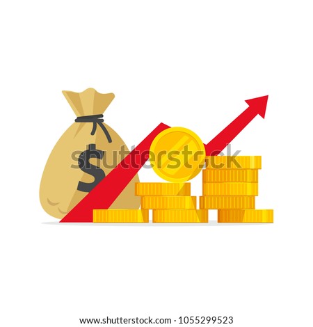 Profit money or budget vector illustration, flat cartoon pile of cash and rising graph arrow up, concept of business success, economic or market growth, investment revenue, capital earnings, benefit Royalty-Free Stock Photo #1055299523