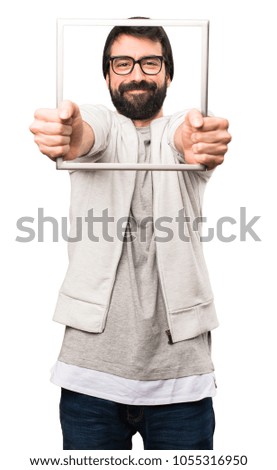 Happy Hipster man with framework on white background