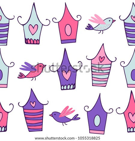 Seamless colorful pattern with cute birds and birdhouses for background. Vector hand drawn illustration for prints, textile, web page, packaging, poster, banner and other design.
