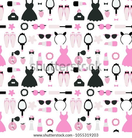 Seamless vector pattern with cute girl essentials including cosmetics, clothing, jewelry and perfumes. Good for wrapping paper, greeting cards, banners, etc.