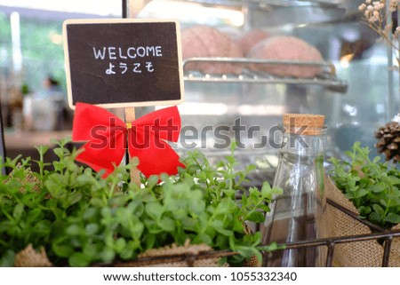 Welcome sign with Japanese and English red bow on a small green tree with a glass bottle placed near.