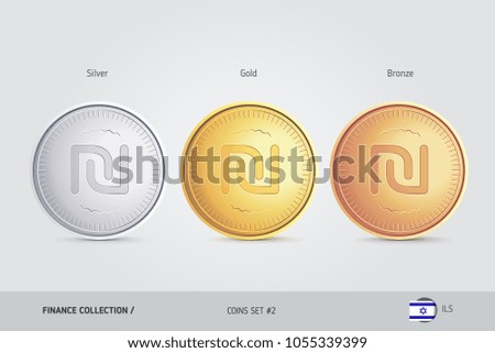 Golden, Silver and Bronze coins. Realistic metallic Israeli New Shekel coins set. Isolated objects on background. Finance concept for websites, web design, mobile app, infographics.