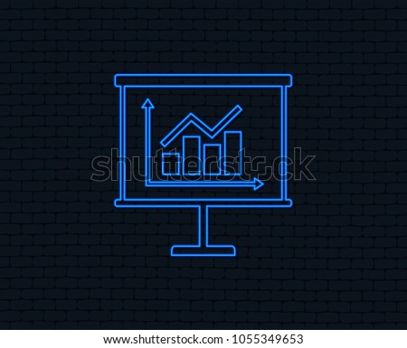 Neon light. Presentation billboard sign icon. Scheme and Diagram symbol. Glowing graphic design. Brick wall. Vector