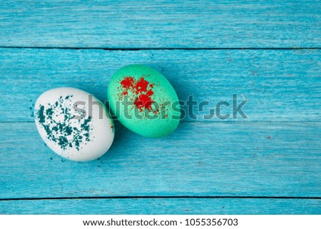 Easter eggs on a blue background, holiday                              