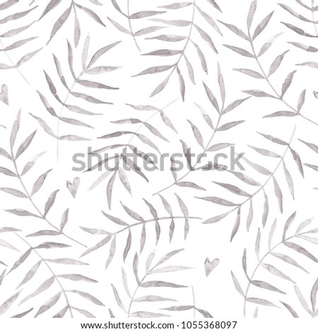 Watercolor tropical clip art with grey palm leaves organized in a seamless pattern