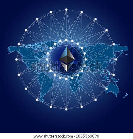 Ethereum with net and globe map internet money. Crypto currency symbols and coin. Blockchain secure cryptocurrency.
 Vector illustration.
