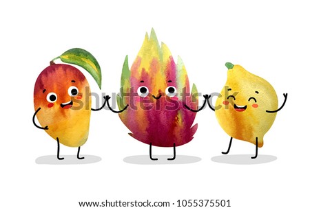 Watercolor cute fruit characters. Vector illustration.
