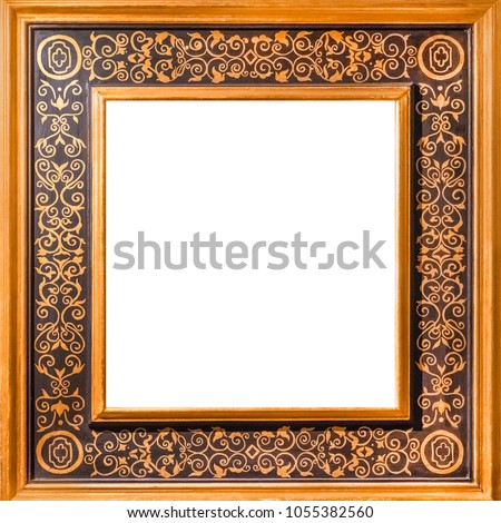 Gold wooden square frame with ornament. Isolated on white