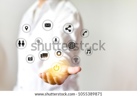 Business man in white shirt with social media icon in white background