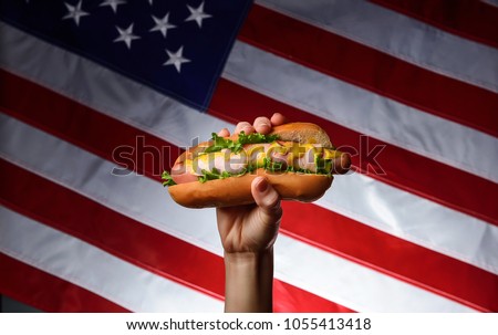 classic american hot dog in hand on american flag background Royalty-Free Stock Photo #1055413418