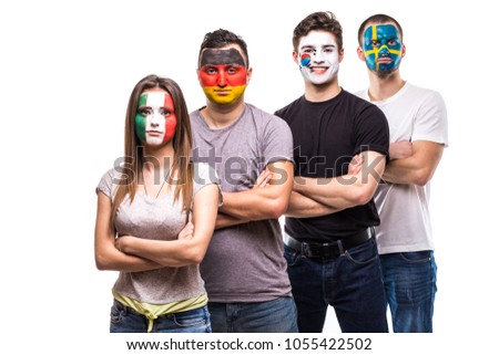 Group of people supporters fans of national teams with painted flag face of Germany, Mexico, Korea Republic, Sweden Royalty-Free Stock Photo #1055422502