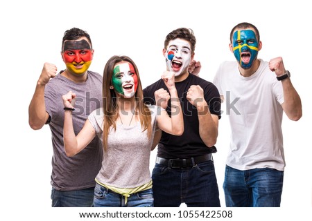 Group of people supporters fans of national teams with painted flag face of Germany, Mexico, Korea Republic, Sweden Royalty-Free Stock Photo #1055422508