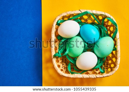 eggs in the basket, colorful background, free place                           