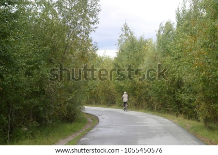 A cyclist rides along the road among the green trees of the forest 