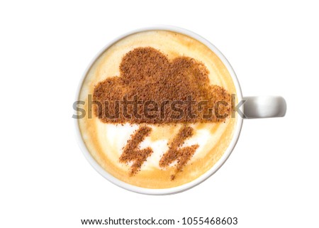 cappuccino in a white ceramic cup with a picture of a thunderstorm on milk foam