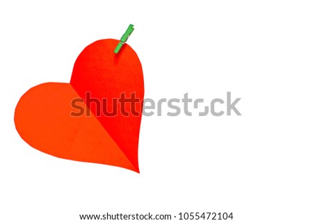 Paper art red heart color pattern with green wooden paper clip for add text and label on white background, note and word, note paper isolated, love heart for Valentine card