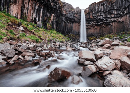 Great view of Svartifoss waterfall. Dramatic and picturesque scene. Popular tourist attraction. Iceland, Europe