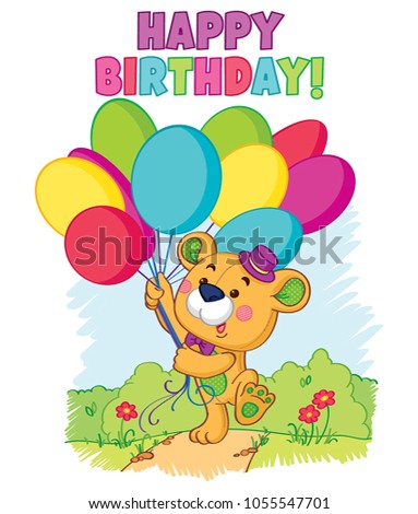A cute teddy bear in a hat with colorful balloons goes on a birthday vector color