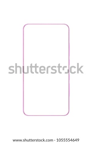 Closeup of new modern technology frameless screen smartphone without buttons. Blank frame of cell phone isolated on white background. Business, design, digital, urban and travelling lifestyle concept