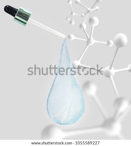 Blue water drop with molecules inside. 3d rendering.