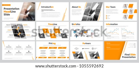 set of business slides for presentation with diagonal and transparent design elements and a place for photos. Templates of white color with orange, infographics for corporate reports and advertisement Royalty-Free Stock Photo #1055592692