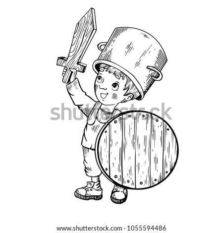 Child in wooden armor engraving vector illustration. Scratch board style imitation. Black and white hand drawn image.