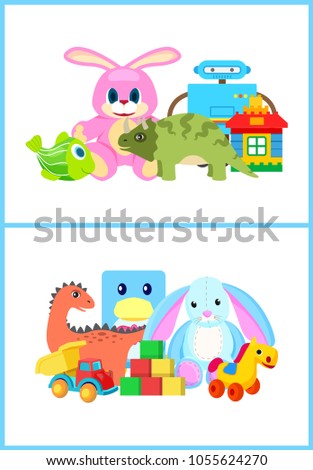 Toys for kids collection, toys for children with rabbit and robot, car and house, dinosaurs of different types, vector illustration isolated on white