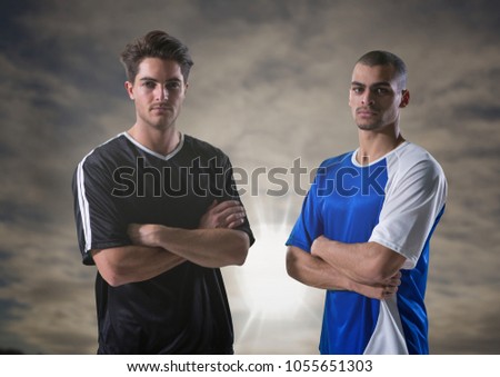 Digital composite of soccer players with sky background