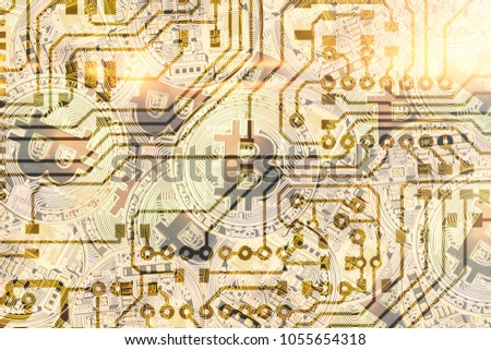 golden bitcoyne. The concept of crypto currency. horizontal top view closeup bitcoat stack gold coins background texture printed circuit board exchange concepts.