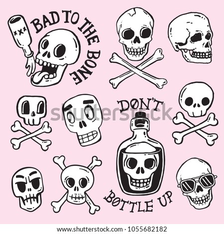 A collection of cartoon skulls in various styles. Vector illustrations.