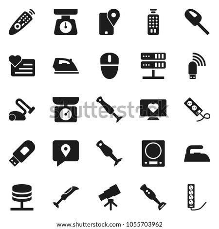 Flat vector icon set - iron vector, scales, blender, telescope, heart monitor, traking, remote control, network server, usb modem, kitchen, vacuum cleaner, mouse, multi socket